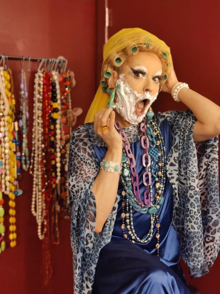 Drag performer in character at the Kiki Kitschn Drag Brunch fundraiser